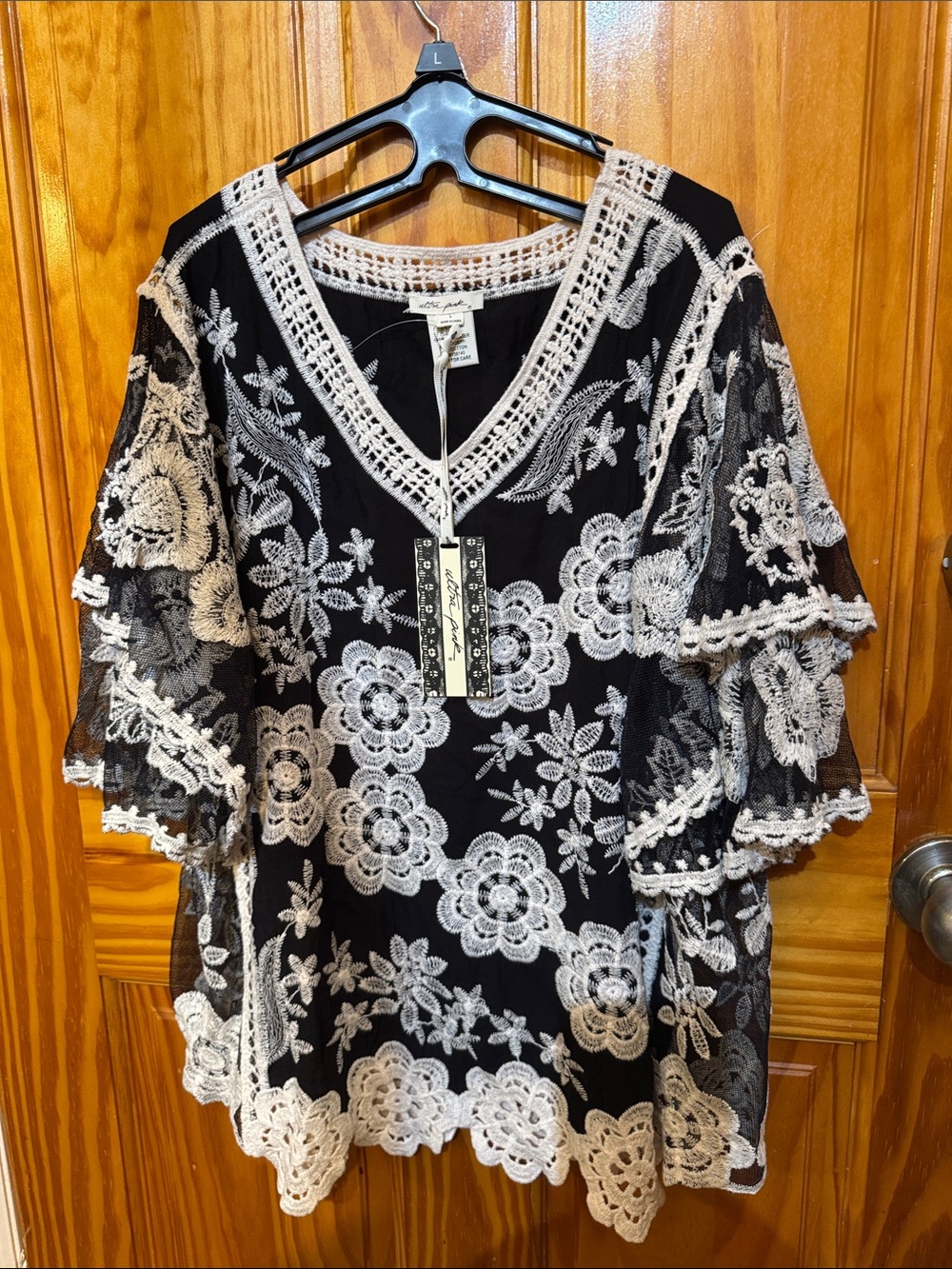 Ultra Pink Black Tunic with Cream Crochet Floral Overlay